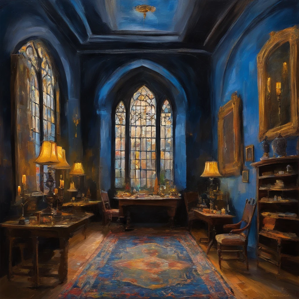 castle towers, Harry Potter, Ravenclaw, salons, arched windows, blue silk hanging on the walls, vaulted ceilings painted with stars, dark blue rugs with stars, tables, Chairs, shelves on the floor