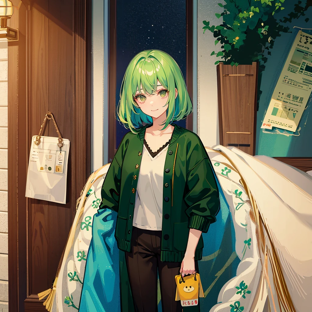 Young girl, short, messy green hair framing a face dominated by large, curious brown eyes and a warm smile. The uniform she wore identified her as a high school student.