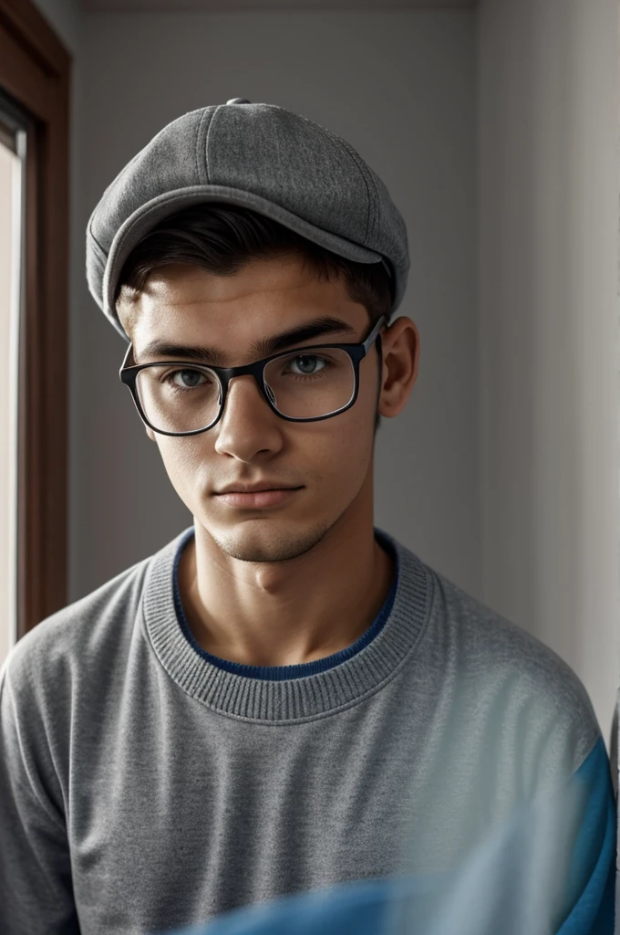 19 year old Argentinian, with Argentina shirt and sweater in his room lying face looking to the side with glasses and cap turned back alone in his room gray hair with fade