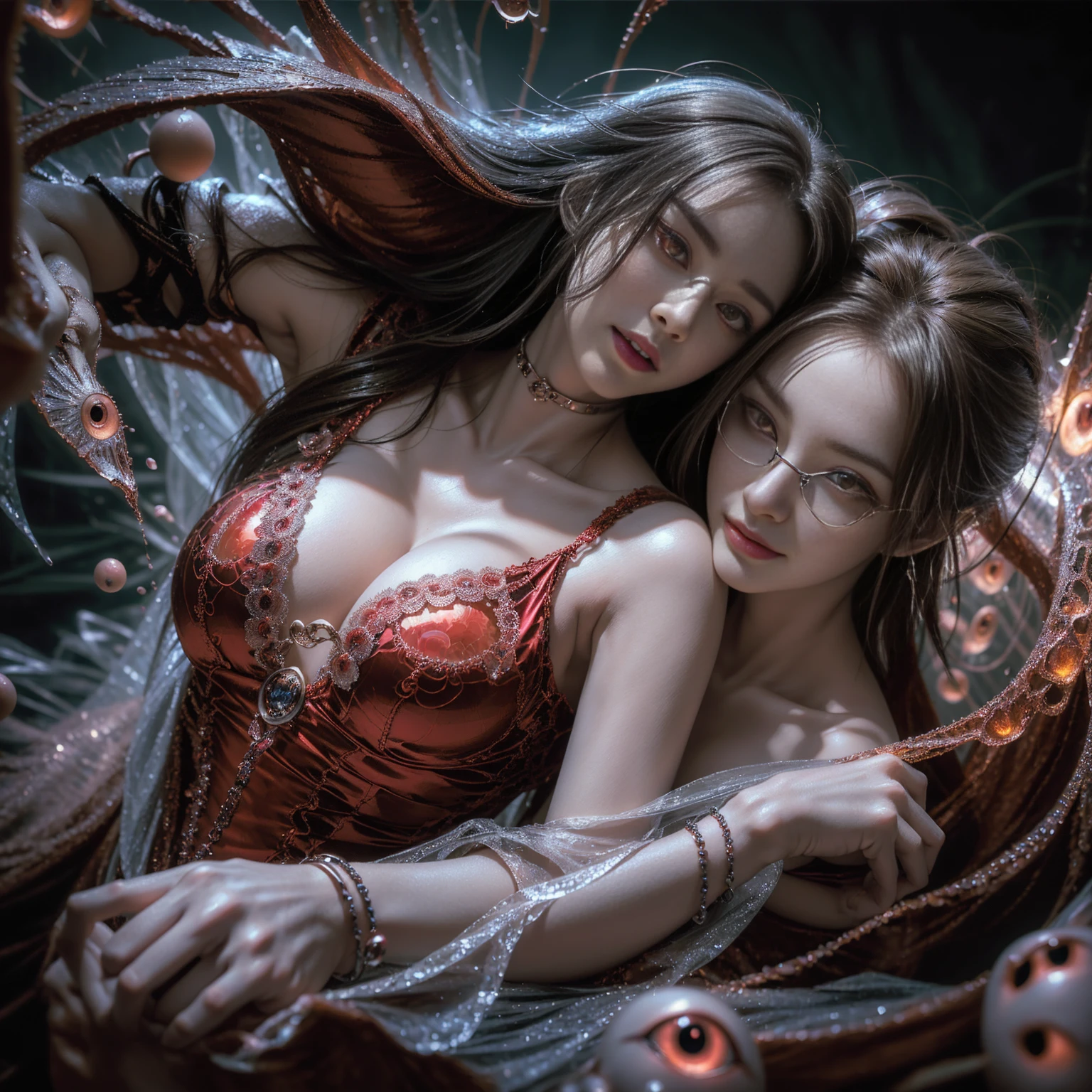 (The best illustrations)、realisitic、ultra-detailliert、The best lighting、Best Shadows、alluring succubus, ethereal beauty, perched on a cloud, (fantasy illustration:1.3), enchanting gaze, captivating pose, delicate wings, otherworldly charm, mystical sky, (Luis Royo:1.2), (Yoshitaka Amano:1.1), Dungeon and Dragon、caves、Dungeon、 A Necromancer、natta、Dark style、Succubus、Devil's Daughter、Bat Wings,(((Demon Hornlack-rimmed round glasses))))、(red eyes glowing:1.6)、beautiful countenance、Tindall Effect、(High Detail Skins:1.2) absurderes、Ponytail distortion、jewely、Beautiful expression、Toned waist、Wide buttocks、Tindall Effectmasuter piece、top-quality、Highest Standards、Top image quality、masutepiece、intricate detailes、High resolution、Depth Field、natural soft light、profetional lighting、Great smile、(High Detail Skin: 1.2)、photorealistic anime girl render、Strong highlights of the eyes、Perfect Anatomy、crotch open、Shy、Spreading your legs、Panties are visible、Skirt flipping、Body shiny with oilerectile nipple))、8K resolution、intricate clothing、Intricate details, Sexy girl on white bed,Charming eyes,Heartwarming action,Open legs,Transparent silk pajamas ,barechested,Thick long hair,Highly detailed body,Highly detailed face