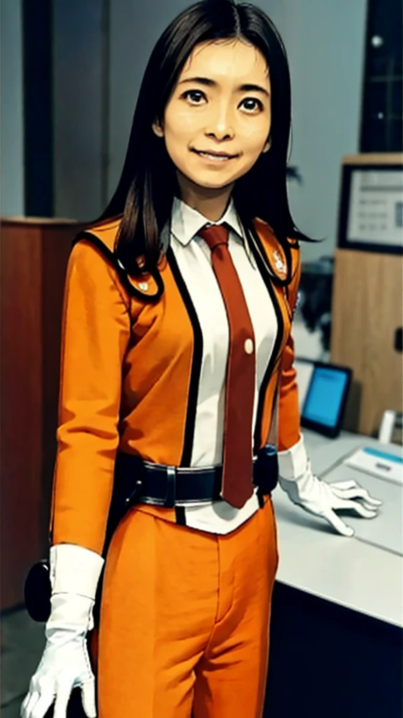 masterpiece, best quality, solo,1girl,looking at viewer,anime style,Inside the Science Special Search Party HQ、
fujiakiko Science Special Search Party、In front of the computer at headquarters、Wearing white gloves、At work、Give instructions through a microphone、Photograph from the front、beautiful、