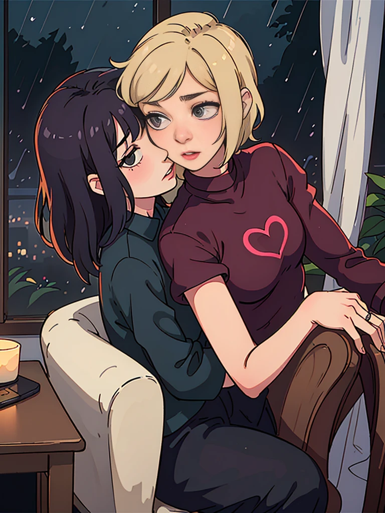 Two lesbians aggressively making out passionately, lips touching, hugging tight, kissing, passionate, erotic, sitting on lap, chair, window, raining outside, night time, dark room, one lamp, warm lighting
