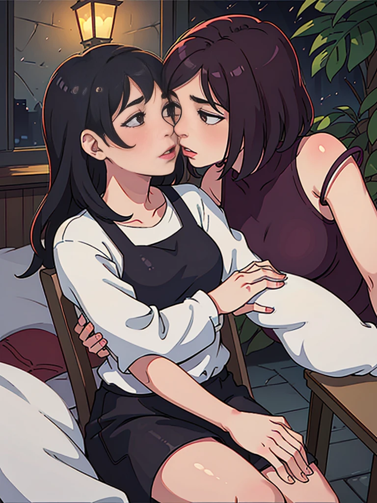 Young boy and woman passionately making out, kissing, lips touching, hugging tight, both blushing intensely, eyes closed, in bed, night time, candles lit