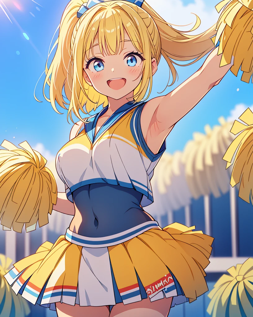 (Highest quality, 32K, High resolution, Masterpiece:1.5, ), One Girl, Cute anime-style illustrations, god々It has a brilliant and healing power., , Expressing emotions, Have a rich imagination, Cute Japanese Girls, Perfect Human Anatomy, Big light blue eyes, Motherhood and generosity, Deep Love, ((A powerful smile:1.6)), ((Shiny Blonde:1.2)), ponytail, Asymmetrical bangs, Hair between the eyes, Transparent, soft white skin, Sharp eyebrows, Thin lashes, Natural Makeup, Cheek highlighter, Detailed and cute lips, (Cheerleader Costumes:1.6), Slim figure with ample breasts, Beautifully detailed skies, ((The summer sunshine pouring down:1.2)), god秘的