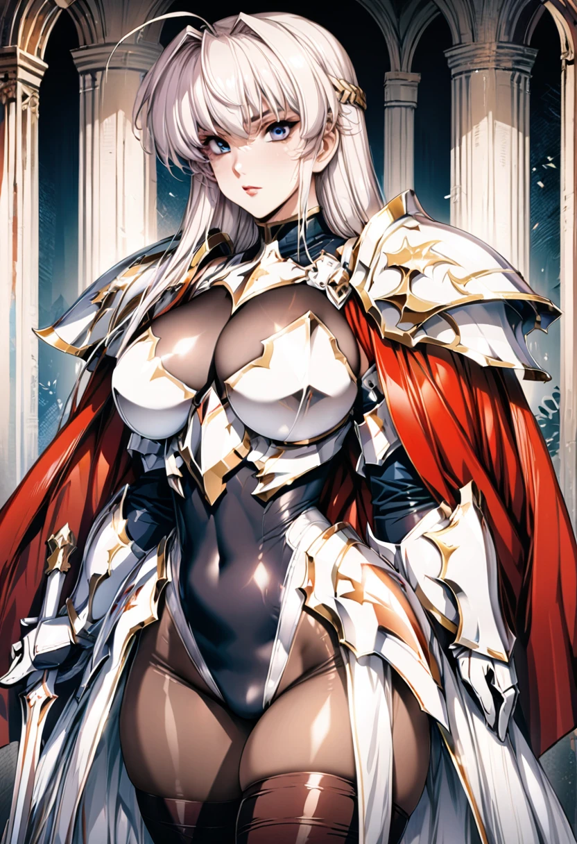 ((highest quality)), ((masterpiece)), ((hyperrealistic)), (detailed background), 1girl, ((curvy: 1.2)), perfect face, Langrisser, makeup, holding weapon, ((Combat leotard: 1.5)), ((catsuit)), ((white paladin armor: 1.3)), ((long skirt)), (cloak de cour), gauntlet, gloves, silver straight hair, ahoge, (huge breasts), (see-through cleavage cutout), (pantyhose thigh), (zettai ryouiki armored thigh high boots), beautiful eyes, Perfect hands, perfect fingers,