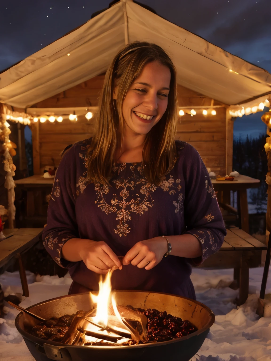 A snowy BBQ dinner with the Sami tribe in the northern regions of Norway, set in the 1800s. The Sami woman, slightly smiling and looking at the camera, wears a traditional gákti (tunic) made of wool, adorned with silver jewelry and reindeer fur. Her hair is styled with a traditional headband, and she is surrounded by family members in similar traditional attire, featuring bright colors and intricate patterns.
The BBQ setup includes a fire pit surrounded by wooden benches covered with reindeer hides. The menu features traditional Sami dishes such as reindeer meat, smoked fish, and flatbread. Large bowls filled with cloudberries and lingonberries are placed on a wooden table.
The backdrop features the snowy landscape of the Arctic Circle with the Northern Lights illuminating the night sky. Traditional Sami tents (lavvu) and decorations add to the cultural ambiance. Guests engage in animated conversations, sharing stories and laughter, while traditional Sami music with joik (chanting) creates a magical and welcoming atmosphere.
Items/objects/tools: fire pit, wooden benches, reindeer hides, reindeer meat, smoked fish, flatbread, cloudberries, lingonberries, wooden table, Arctic Circle, Northern Lights, lavvu, decorations, gákti, wool, silver jewelry, headband, storytelling, chanting, traditional attire, patterns, Sami tents.