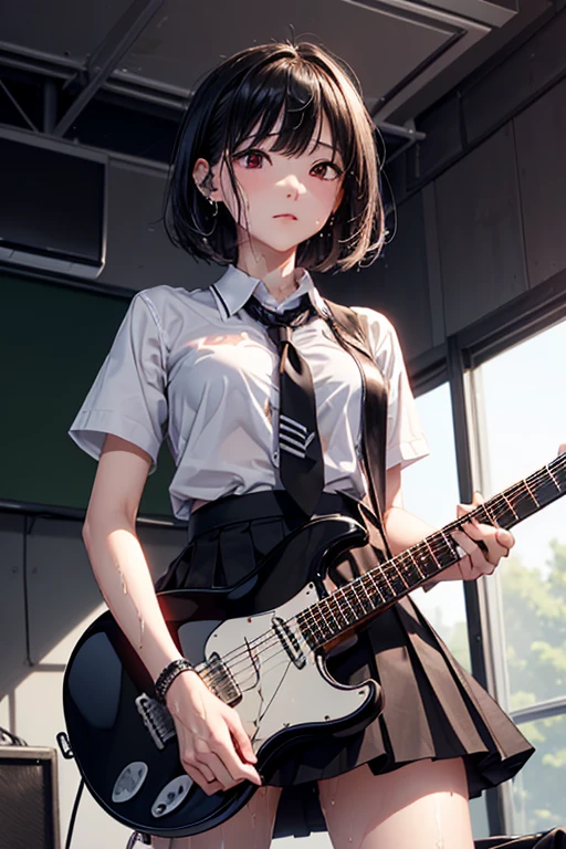 (((NSFW)))、((Masterpiece, Highest quality、Super detailed, Attention to detail))、Tabletop、girl、((high school girl、Black Hair、Short Hair、Slit eyes、Red Eyes、eight-headed body、Model-like style、Slender、School uniforms))、(White Shirt、Black Skirt、Black knee-high socks、Black Loafers)、Silver earringultiple silver accessories、Silver Ring、Silver Ring、bandギャル、(((Red electric guitar)))、(((liveハウス、live、band、Dim lighting、Standing and playing guitar)))、((live中、Playing the guitar、In front of the audience))、((No bra、No underwear))、(((Sweating a lot、Sweat dripping、Sweat vapor)))、(((Body odor)))、((Sweaty smell、Clothes get wet、Sweat stains))、((((Love juice overflows from the vagina))))、((Angle from below、I can see the vagina))、((Skirt flipped up))
