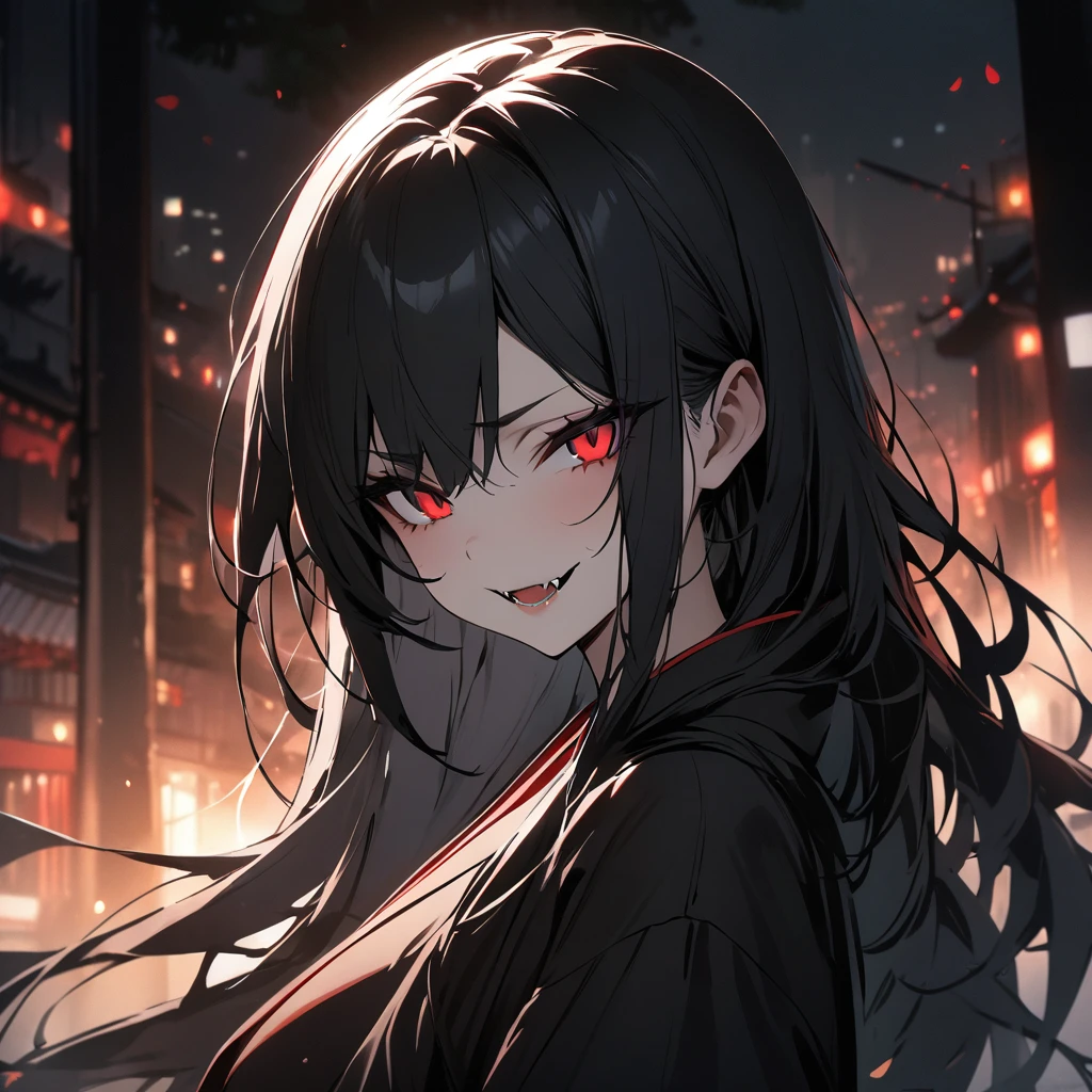 Top quality, masterpiece, vampire girl, long black hair, red eyes, fangs, black kimono, darkness, Japanese style cityscape, cold smile