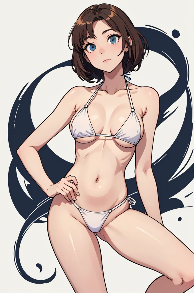 (((masterpiece, best quality, ultra highres, 1 girl, solo, no background))), super detailed skin and face and eyes and finger, beautiful japanese woman, small breasts:1.5, skinny, light brown hair, white background, very short pixie hair, cowboy shot, Generate with illustrations, Various expressions, Various poses, Please draw the entire character within the frame, ensuring that the head, arms, and legs are not cut off. The background should be simple, with the character positioned centrally, outline, anime, 2d, boyish, tiny micro bikini swimsuit, spread legs, expressionless,