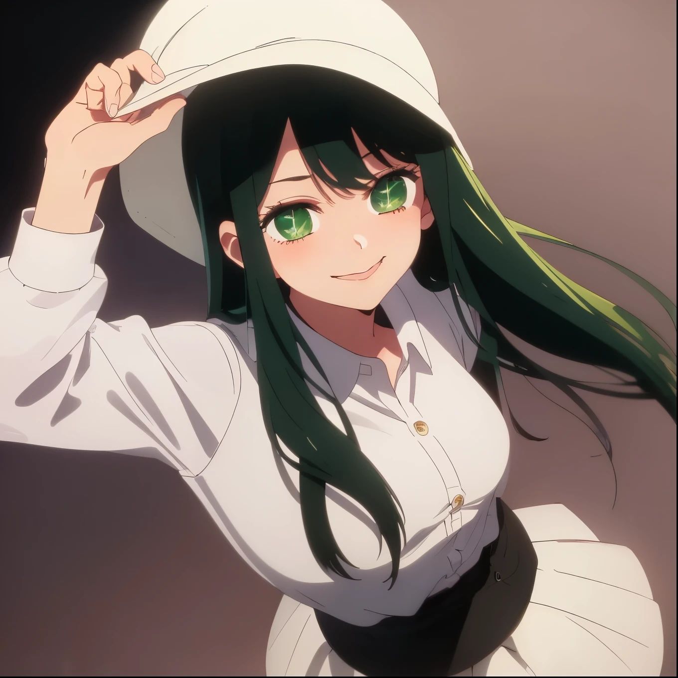 ((masterpiece, best quality)), (1girl), (solo), (female focus), (dark green hair, long hair), (green eyes), light smile, closed mouth, ((white shirt), (buttoned shirt), ((black skirt), (short skirt)), standing, white background, dynamic angle, 25 year old woman