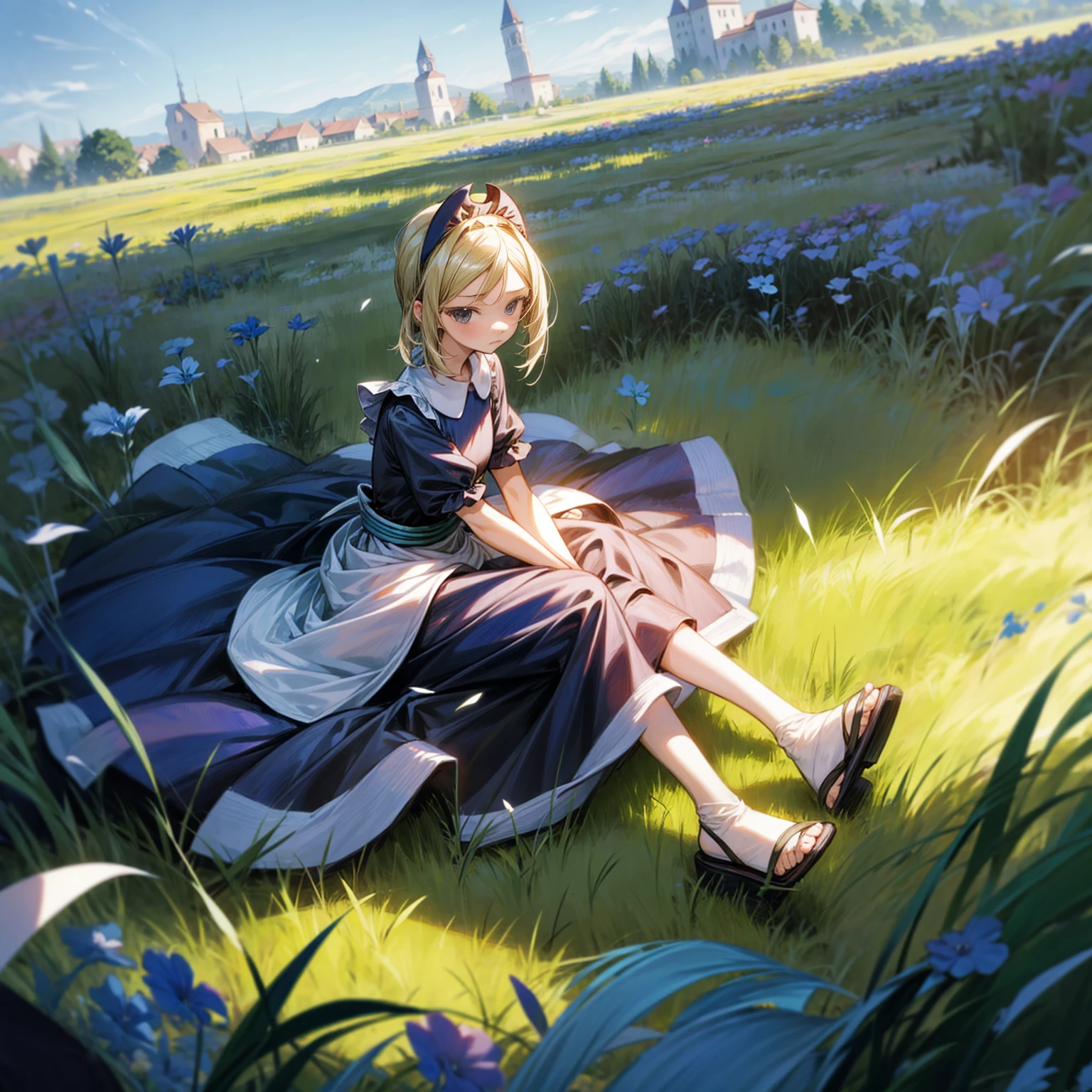 1childern girl, Full body version, 1character, black eyes, long Frizzy haircut, blue colour hair, maid clothing, long dress clothing, headband, sandals, Grassroots, full background in field town, motion blur, lighting, (one piece art), sitting poses, 