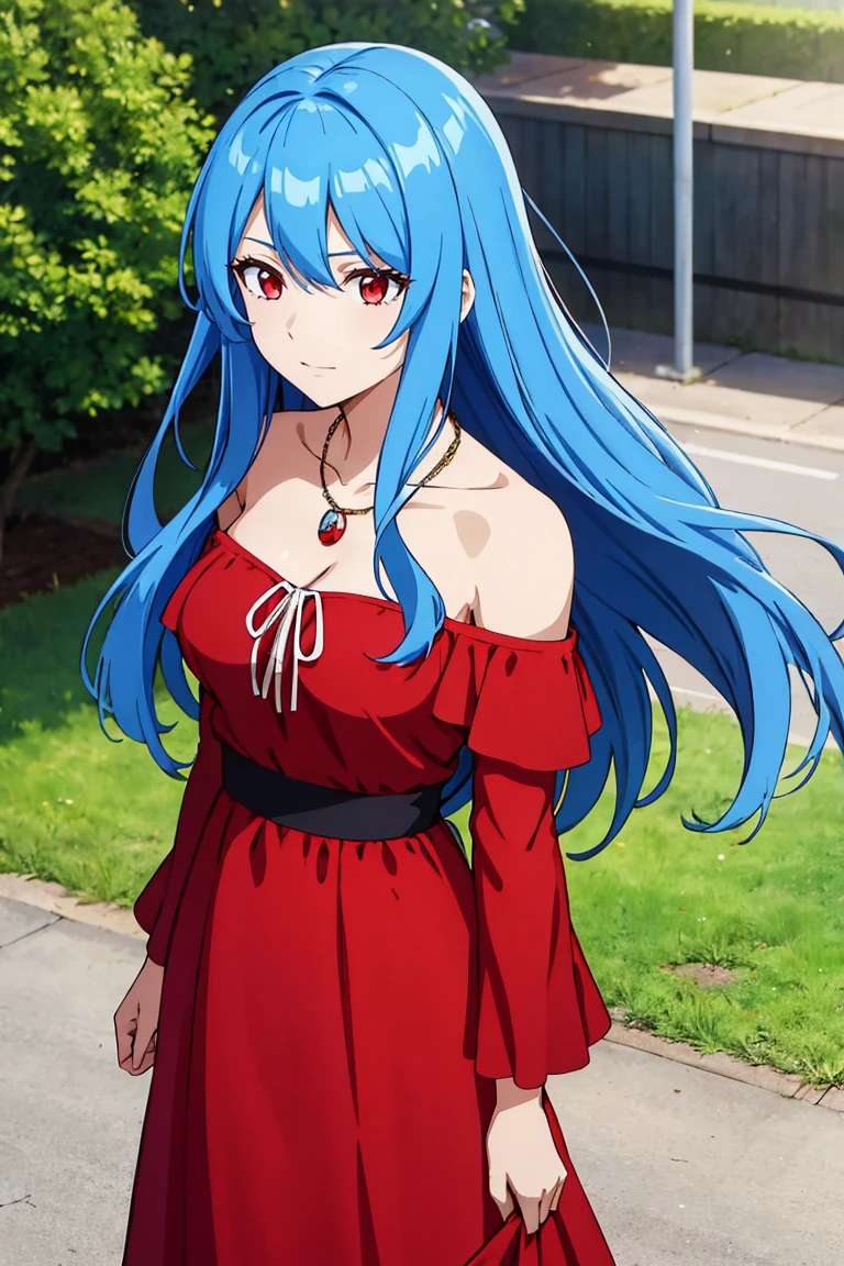 (artwork, best quality) a girl with long blue hair, red eyes, medium breasts, red off-shoulder dress, necklace, happy, talking to a boy, in a school yard, standing