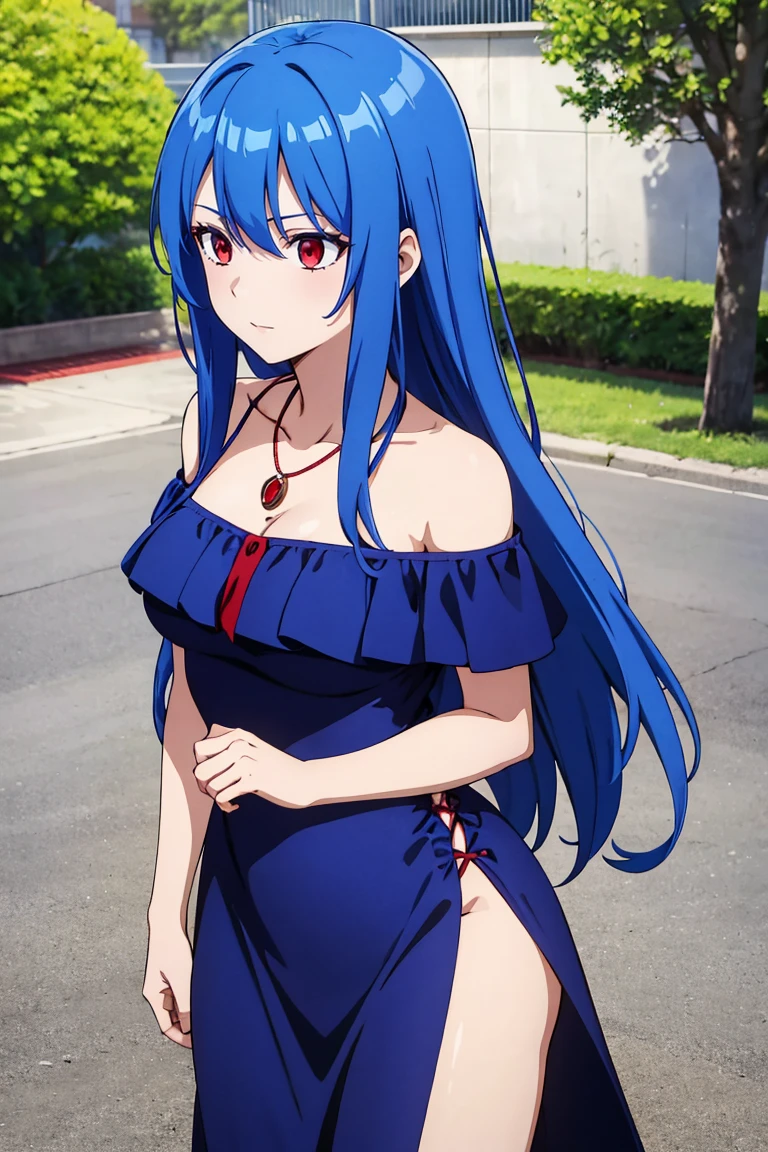 (artwork, best quality) a girl with long blue hair, red eyes, medium breasts, red off-shoulder dress, necklace, happy, talking to a boy, in a school yard, standing