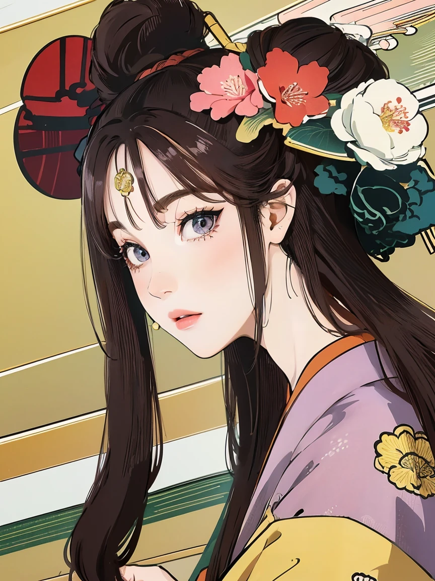 (Highest quality、 8k 、masterpiece、High resolution)、(whole body)、Vibrant colors、Brown-black bob、Traditional topknot、Ample breasts、(Highly detailed face and eyes,Beautiful Face,Beautiful Eyes,Beautiful nose,Pretty lips)、Official Art、Ukiyo-e style、 (Beautiful woman in kimono)、(Vivid floral patterned kimono)、background、river、bridge、Mountain、wood、Starry Sky、moon、plum、Lantern、