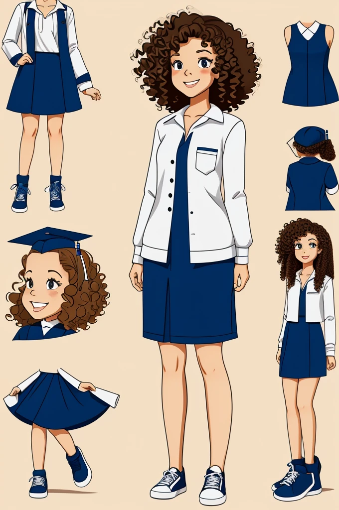 Create a girl with curly hair graduating full body cartoon style