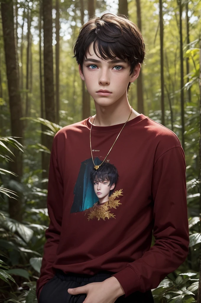 ((best qualityer)), ((work of art)), (detailded), 14 year old boy with 1,48 tall, like heterochromia, inside the forest, wearing a dark red shirt with gold details and black sweatpants with blue details