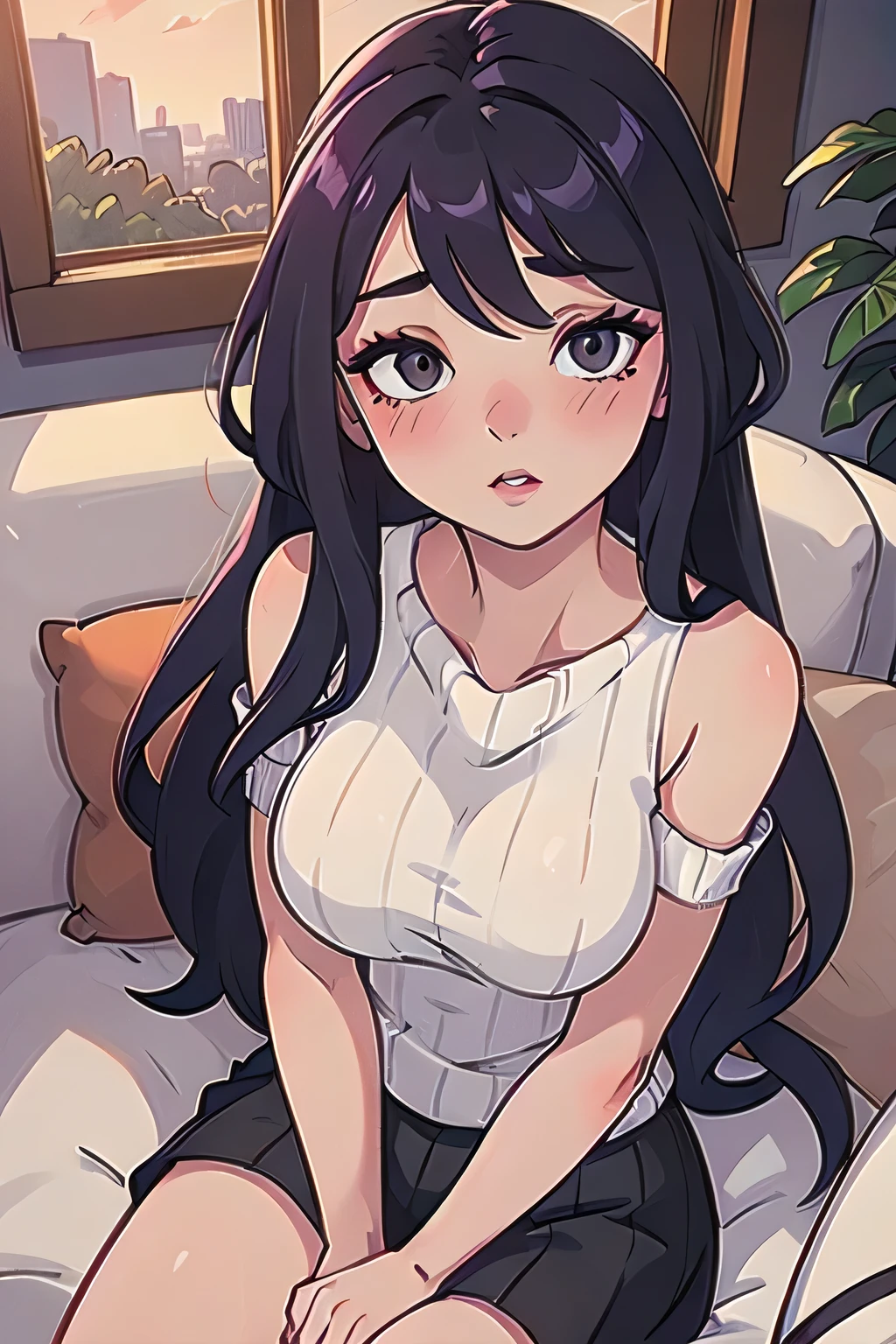 best quality, masterpiece, Mona, (white sweater turtleneck, modest clothing:1.15), choker, perky breasts, looking at viewer, upper body, balcony