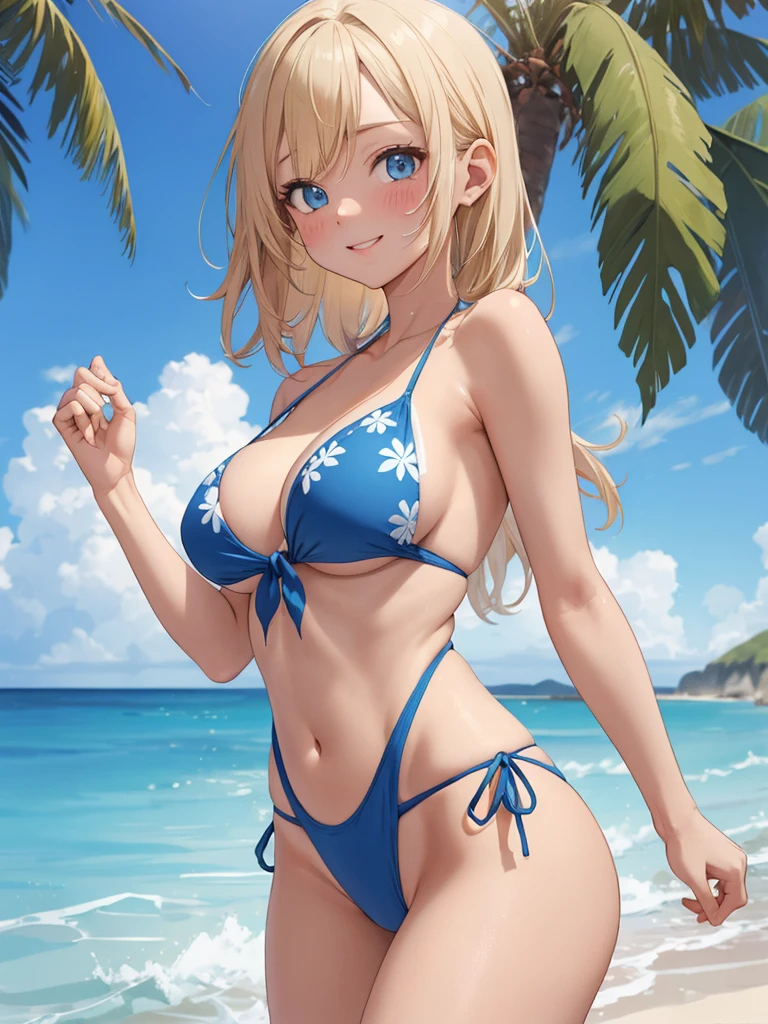 nsfw,((masterpiece:1.3, best quality)),(ultra detailed:1.5),(highres),(1girl),solo,medium breasts,smile,(blush:1.5),natural blonde,(Pacific Blue side-tie bikini bottom), BREAK the shining sea,the blue sky,white clouds,sandy beaches,one-piece tan,tanlines,