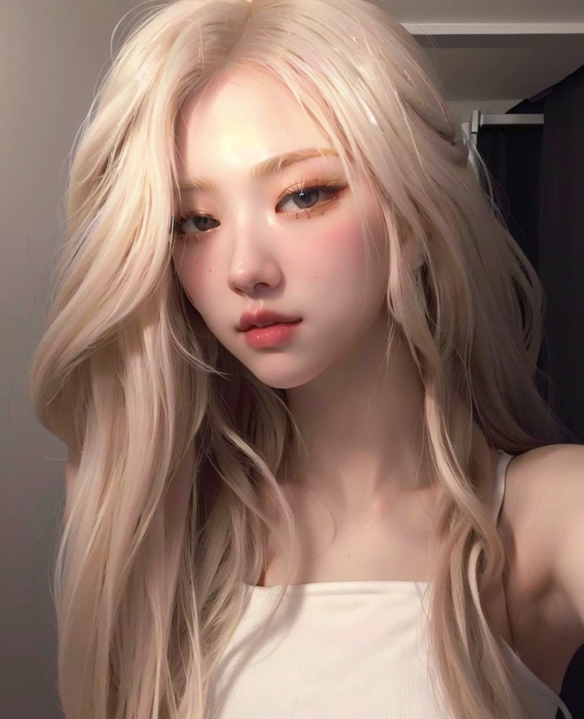 blond woman with long hair and white tank top taking a selfie, pale hair, very very pale blond hair, her hair is white, extremely pale blond hair, pale porcelain white skin, with white long hair, white hime cut hairstyle, pale glowing skin, korean girl, roseanne park of blackpink, girl with white hair, with long white hair, ash blond hair