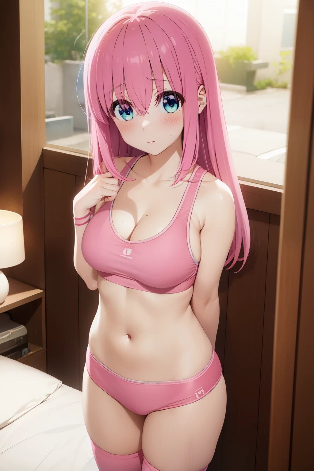 ((Anya\(SPY X Family\))), 1girl, solo, pink hair, short hair, green eyes, bangs, smile, upper body, simple background, microbikini, white shirt, miniskirt, spread legs, NSFW