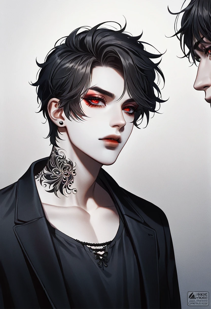 1boy,18 years old,korean,white hair,orange eyes,elongated sharp facial structure,slim attractive body,neutral facial expression,detailed beautiful eyes,korean makeup,eyeliner,mascara,visual kei,gothic,punk,emo,jacket,shirt,pants,diagonal side view,upper body focus,extreme detail,high quality,masterpiece illustration,red eyeshadow,black lines under eyes,choker,chains,crosses,piercings,tattoos under eyes