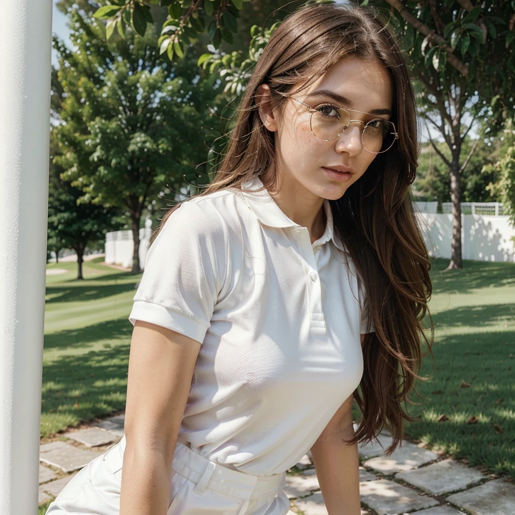 Create a very realistic and beautiful model with the following detailed features: Gender: Female, Age: Young adult (approximately 20-25 years old), Hair: Long, wavy and reddish with a natural shine, gently cascading around the shoulders and back back. . . . . . . . . . . . . . . , Eyes: Bright green with a captivating, slightly almond-shaped look, detailed with natural highlights, Skin: Fair complexion with a light texture, including natural freckles on the nose and cheeks, giving a youthful and vibrant appearance: Fair complexion with a light texture, including natural freckles on the nose and cheeks, giving a youthful and lively appearance, Face: with a smooth and natural contour, soft and full lips with a slight pinkish tint and a slightly delicate upturned nose, Expression : a gentle face, with a touch of mischief, which conveys warmth and approachability, Clothing: dressed in a white polo shirt and black sunglasses, wearing dressed in a white polo shirt, wearing a white polo shirt, a white outfit , wearing a white polo shirt and glasses, a simple white polo shirt, a silky white outfit, fashionable white clothes, a girl wearing a white polo shirt, wearing white clothes, a girl wearing a polo shirt white, Tight suit dressed in a smooth white polo shirt, wears an elegant outfit, haute couture chic, All white, Background: a lush green golf course under a clear blue sky, The background includes a fairway, a distant flag and some trees, Pose: His feet are shoulder-width apart, arms outstretched holding a golf club, showing concentration, Background includes a fairway, a distant flag and some trees, aesthetic, Unsplash, Neoclassicism, Complex background, Best quality, hyper detailed, Gratty Sita, 64K, Light design