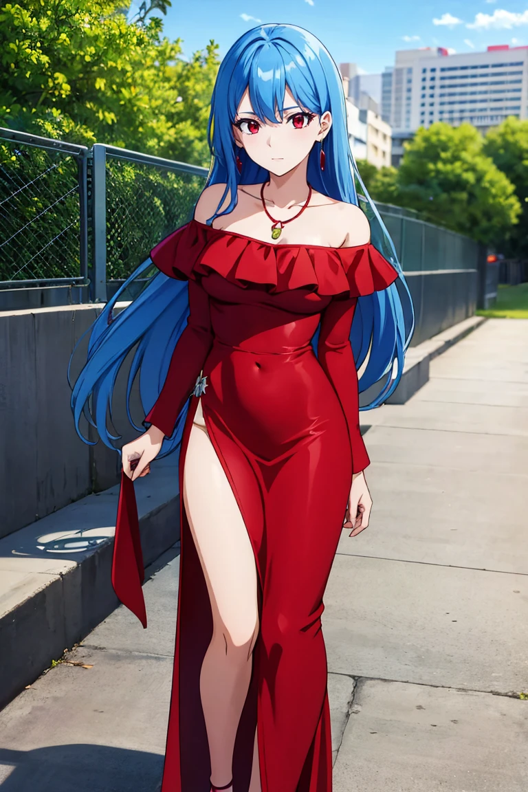 (artwork, best quality) a girl with long blue hair, red eyes, medium breasts, red off-shoulder dress, necklace, happy, saludando, in a school yard, standing