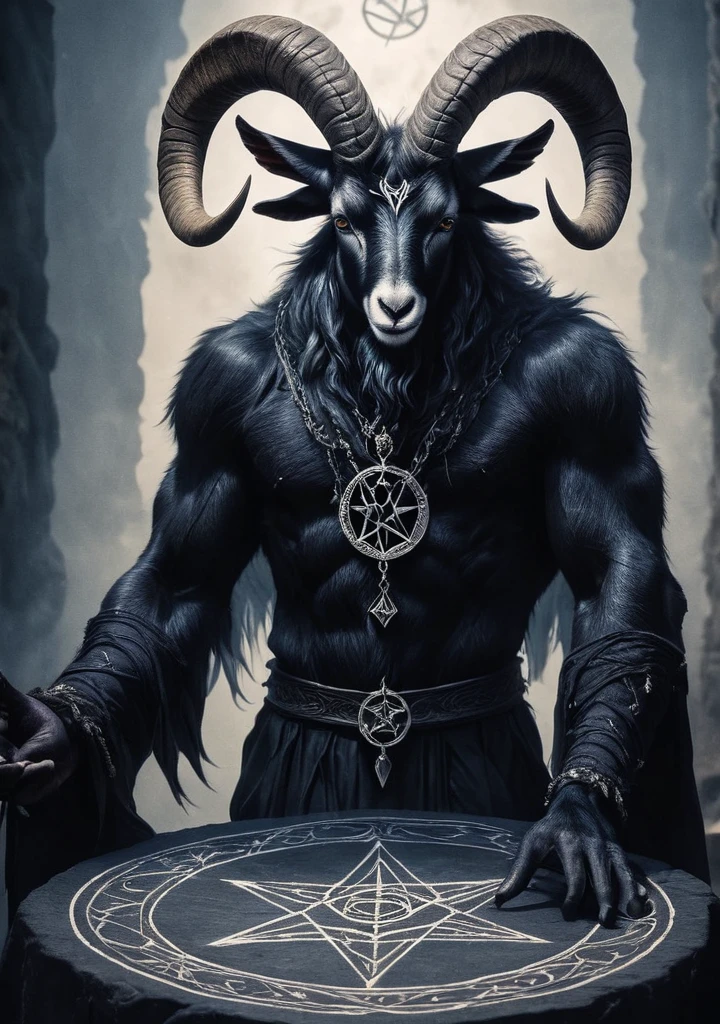 Baphomet, RAW photo of an anthro goat drawing a summoning circle, pentagram, innocent, super detail, ultra-realism, Dreamyvibes Artstyle,