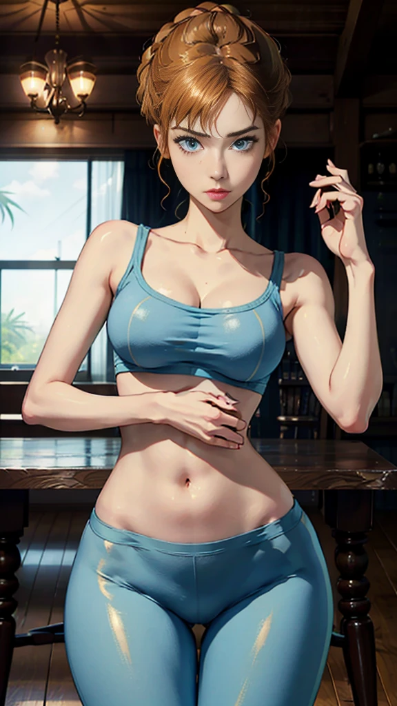 solo, full body shot, sparkling glossy blue big eyes, blue eyes, (great proportion:1.2), (medium sharp breast:1.2), 8k, realistic cartoon, young girl, masterpiece, standing, cowboy shot, arms at sides, yoga pants, 8k, slim figure, medium bust, curvy girl, beatrice1, slim waist and hips, long fit slender legs, accurate medium breast, (realistic style), thin and elegant hands, neat palms, perfect hands, neat feet