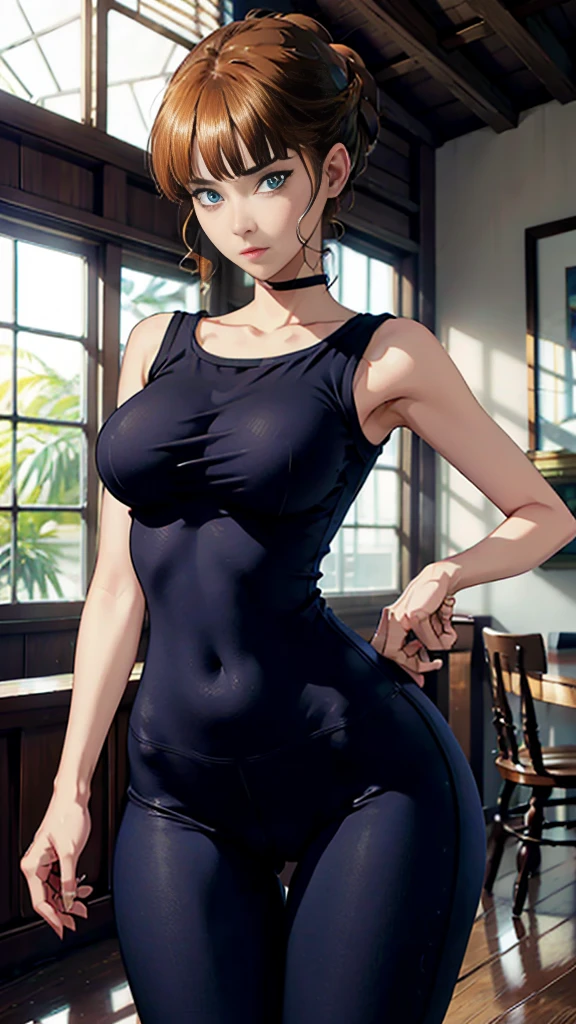 solo, full body shot, sparkling glossy blue big eyes, blue eyes, (great proportion:1.2), (medium sharp breast:1.2), 8k, realistic cartoon, young girl, masterpiece, standing, cowboy shot, arms at sides, yoga pants, 8k, slim figure, medium bust, curvy girl, beatrice1, slim waist and hips, long fit slender legs, accurate medium breast, (realistic style), thin and elegant hands, neat palms, perfect hands, neat feet