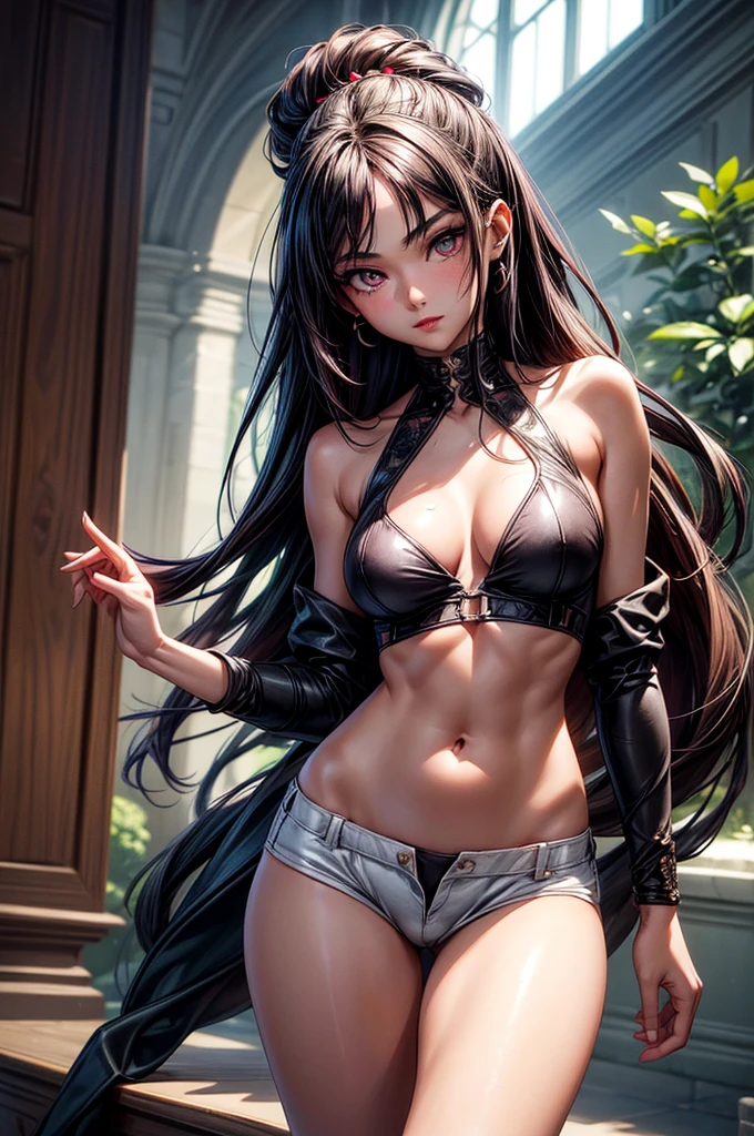 ((highest quality)),(ultra high resolution),(Super detailed), (best work of art), (ung girl:1.5), beautiful and well-shaped face:1.5,(Beautiful skin with precise and detailed depiction:1.6),(sleeveless halter neck sports bra and elastic waist band shorts ),gorgeous, masterpiece, best quality, high-resolution, finely detailed, extremely detailed and beautiful, distinct-image, 1 girl, 18 year old teen, solo, sharp facial features, oval shaped face. cherry red lips, lightly tanned white skin. velvet-colored eyes, C-cup breasts, tall height(175cm), slim yet chiseled body type, flowing waist length dark violet-black hair, small narrow waist, long and slender legs, curvy wide hips, elegant gothic courtyard setting