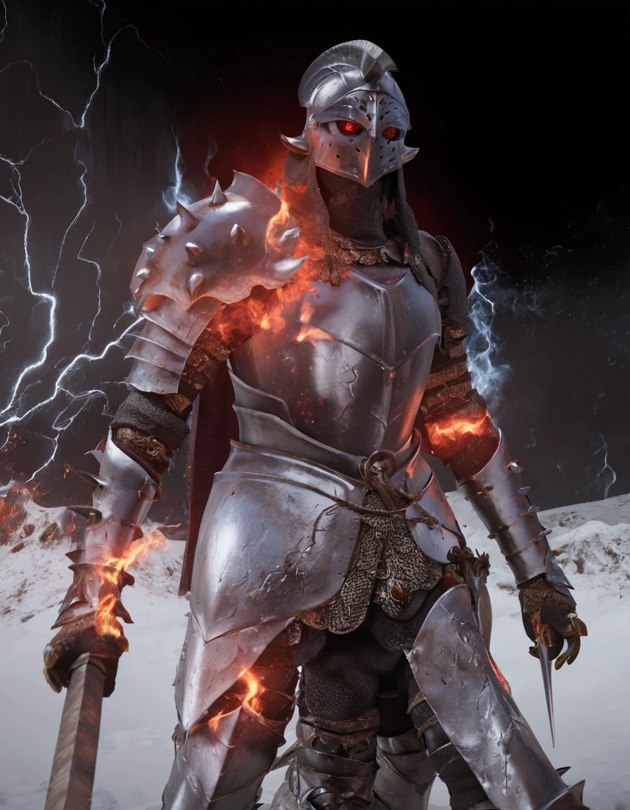 Knight holding a sprear in right hand and with red Lightning,  a suit of armor, Detailed bushido form smoke, helmet of a forgotten deity, character is standing, 8k Realistic, in game render, detailed face background detail, Art station front page, taur, medieval fantasy, detailed black armor, black spikes armor, black etched armor, black obsidian armor, dark magic armor, A demonic warrior, Intricate assasin armor, Intricate metal armor, powerful warrior, The helmet has a large crown,Glowing red eyes, Everything is in the dark, The smoky background hints at the battle scene, Battlefield, death, fire and smoke background, Add an ominous aura to his character，submission, Full body shot.