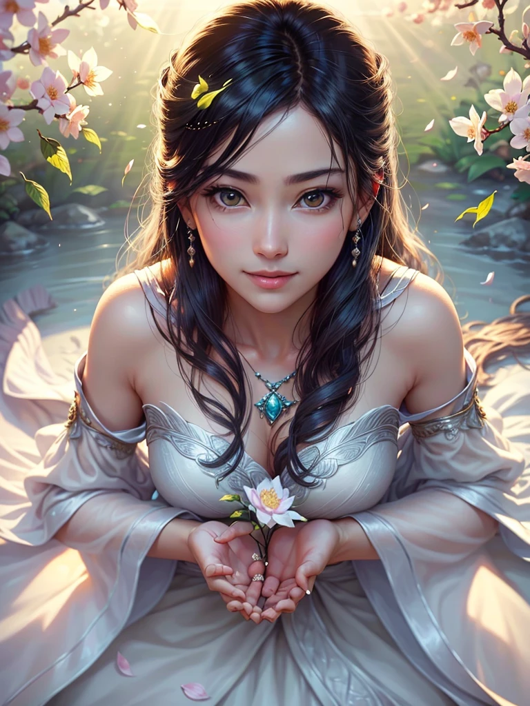 (Best quality,4K,a high resolution,ultra detailed,realistic:1.37),bright colors,Sun Ray,rays of light,bergamot,White flowers,beautiful girl,exquisite features,loose hair,A serene expression,garden furnishings,Exquisite dress,soft sunlight,gentle breeze,Cheerful atmosphere,Backlit stage,A hint of a smile,ethereal glowing,Fresh in the morning,long shadows,harmony of nature,subtle thoughts,natural beauty,Shimmering dew drops,clear details,Tranquility and tranquility,Superior Ingredients,Come to the branch,whispering leaves,Petals for aromatherapy,with glowing light,Sparkling glare,subtle shadows,soft focus,sublime beauty,Whisper natural,fantastic atmosphere,Illuminated background.