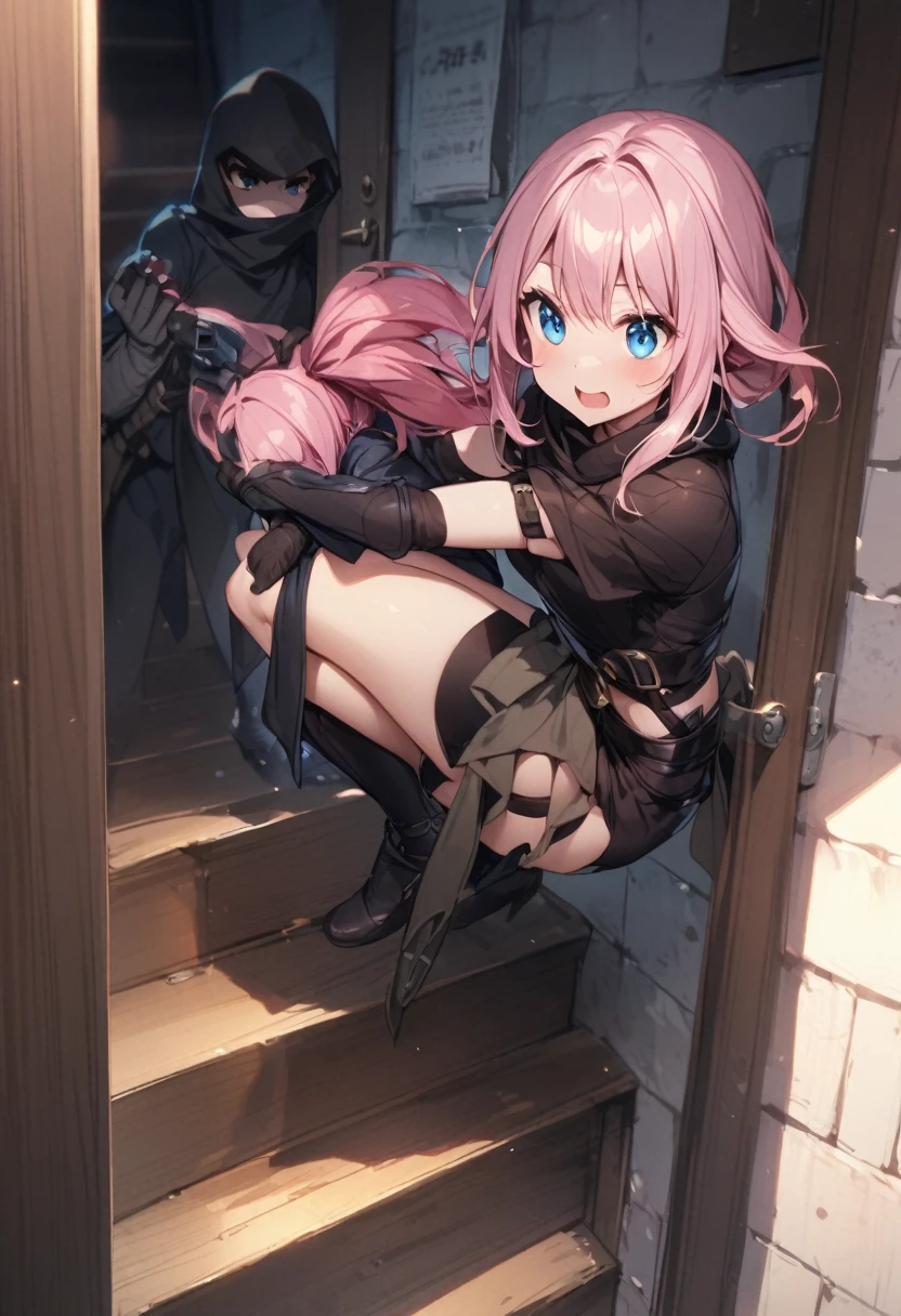 stealthy steps、Carrying a safe、thief、Girl with pink hair、blue eyes、Twin Drill