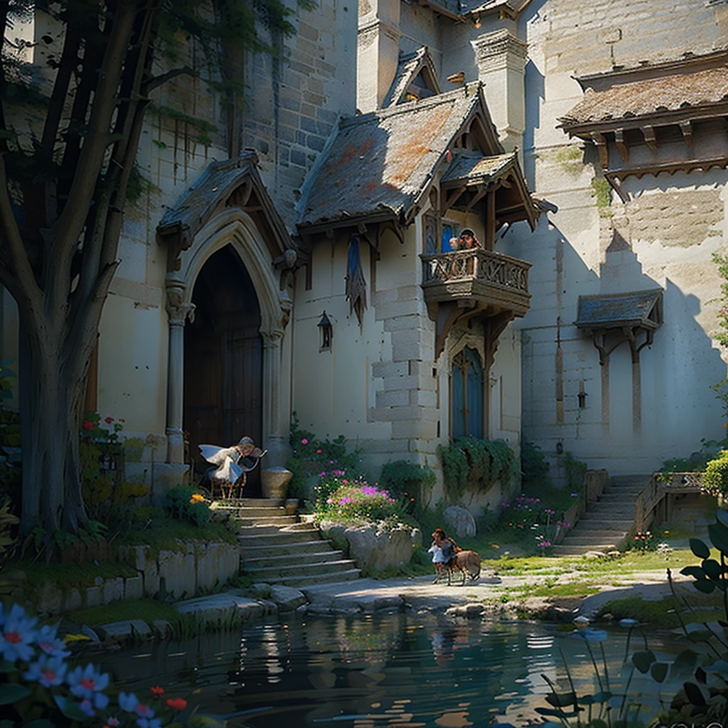 draw an illustration for a fairy tale where there is a fairy tale fight and a big castle
