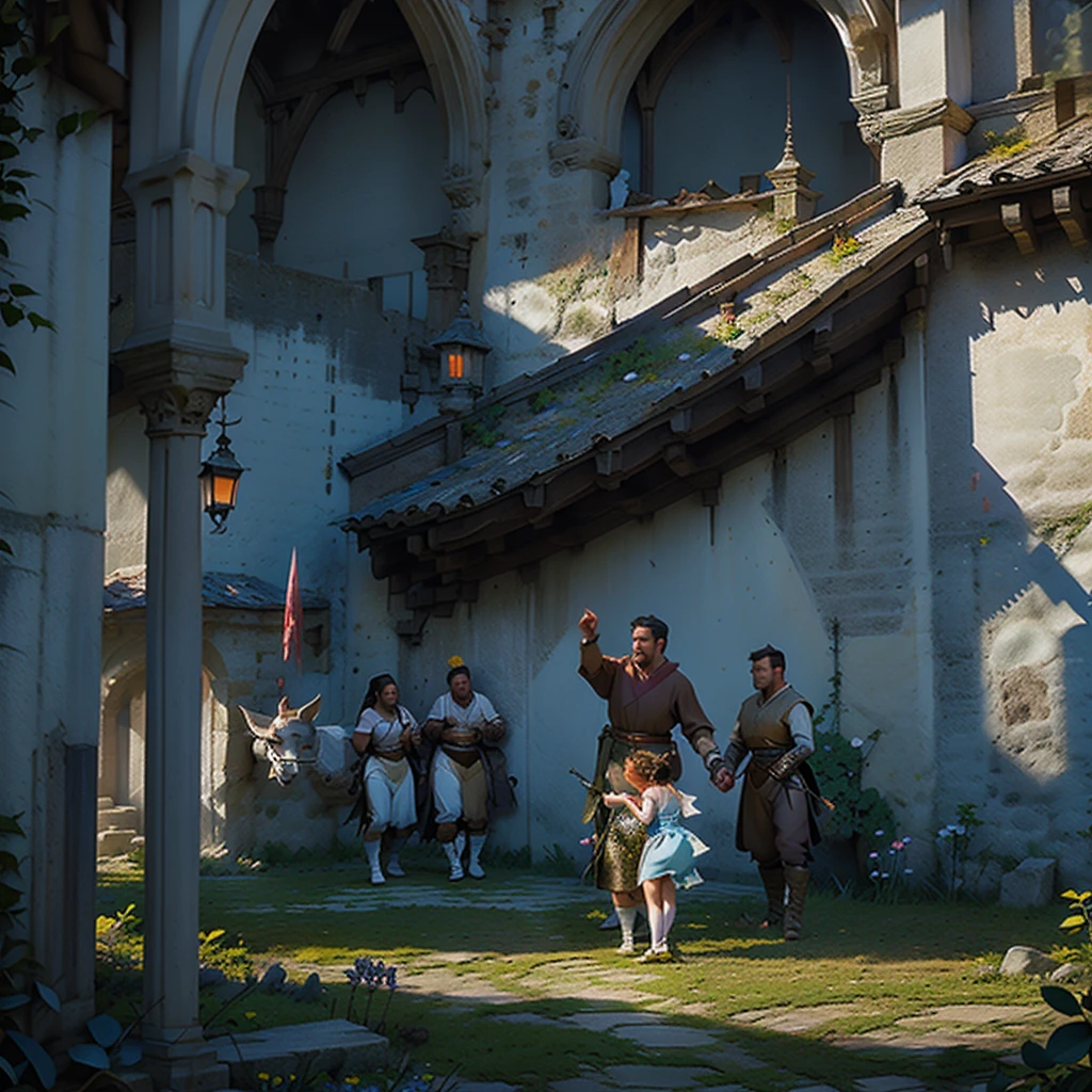 draw an illustration for a fairy tale where there is a fairy tale fight and a big castle 