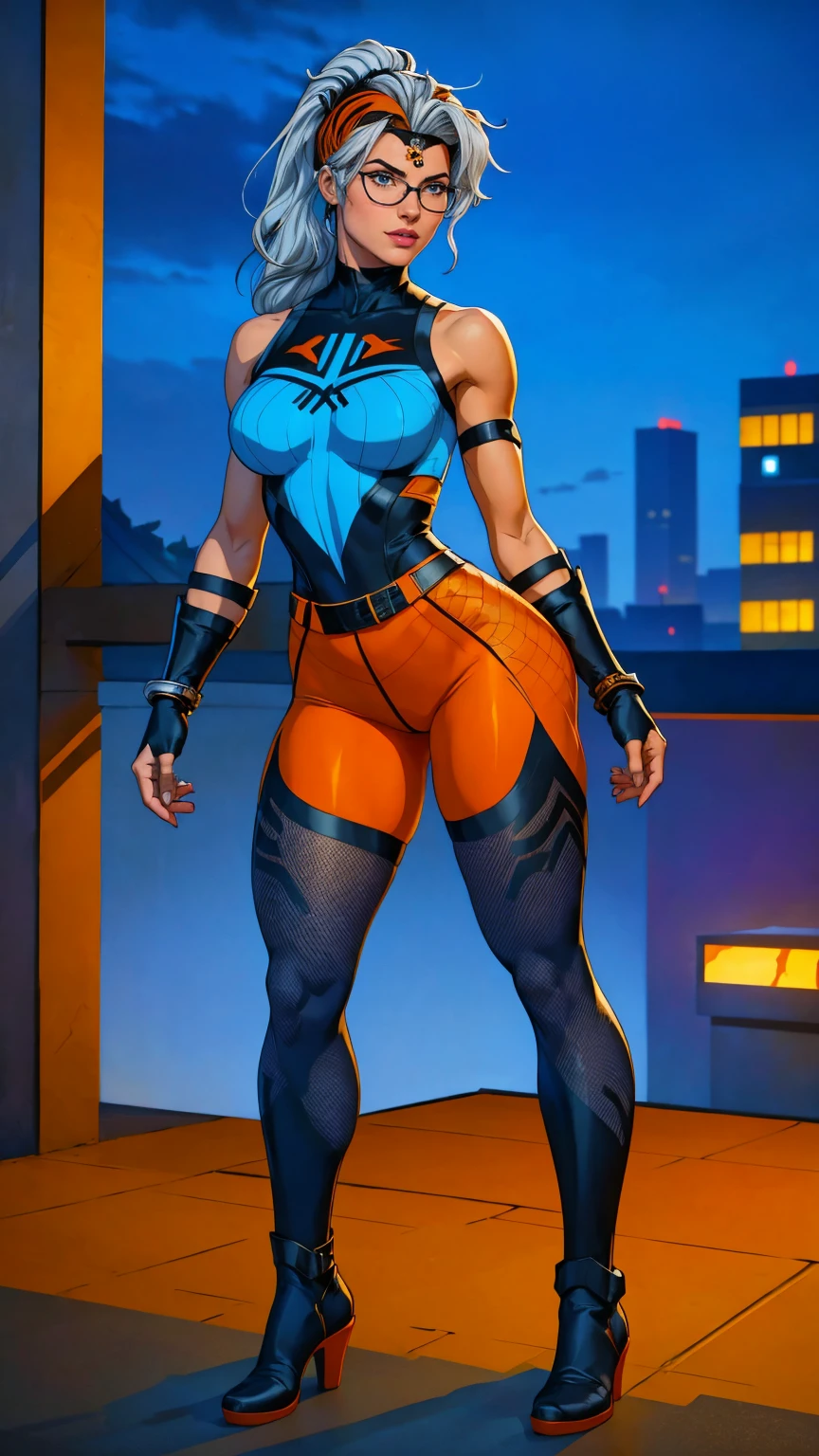 ((Full body photo, standing, feet on the floor)) (best quality,4k,8k,highres,fishnet pantyhose
, masterpiece:1.2),ultra-detailed,(realistic,photorealistic,photo-realistic:1.37),full body shot,Rogue,X-Men,yellow thigh high boots,beauty pose, standing tall, show feet, outside,fishnet pantyhose, city rooftop at night, green headband, with Ponytail, Light Blue Eyes, Round Glasses with a Slightly Dark Lens with this Lens being Orange, and the Light Blue Color frame, ((Black Metallic Gauntlets and Greaves with Orange and Silver Highlights)), (((The Clothes Have a Mix of Modern and Tribal))), (((The Clothes Have a Mix of Modern and Tribal))), having mostly the color black, but having parts in orange, shoulders exposed, at the hip a shorts that extend to half of the thigh of black color.