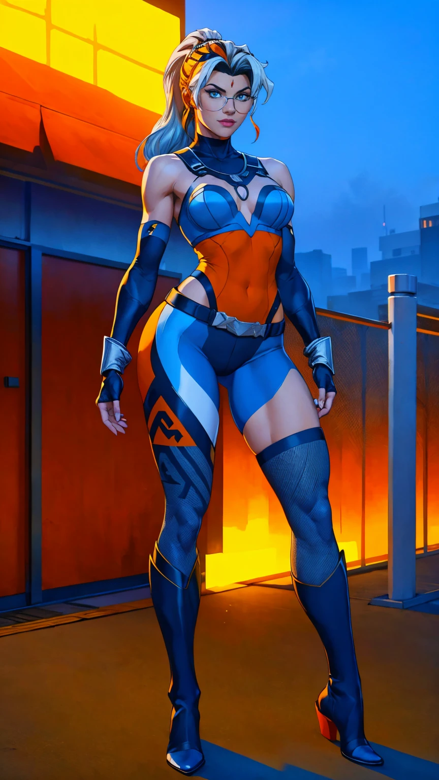 ((Full body photo, standing, feet on the floor)) (best quality,4k,8k,highres,masterpiece:1.2),ultra-detailed,fishnet pantyhose , (realistic,photorealistic,photo-realistic:1.37),full body shot,Rogue,X-Men,yellow thigh high boots,beauty pose, standing tall,fishnet pantyhose
show feet, outside, city rooftop at night, green headband, with Ponytail, Light Blue Eyes, Round Glasses with a Slightly Dark Lens with this Lens being Orange, and the Light Blue Color frame, ((Black Metallic Gauntlets and Greaves with Orange and Silver Highlights)), (((The Clothes Have a Mix of Modern and Tribal))), (((The Clothes Have a Mix of Modern and Tribal))), having mostly the color black, but having parts in orange, shoulders exposed, at the hip a shorts that extend to half of the thigh of black color.