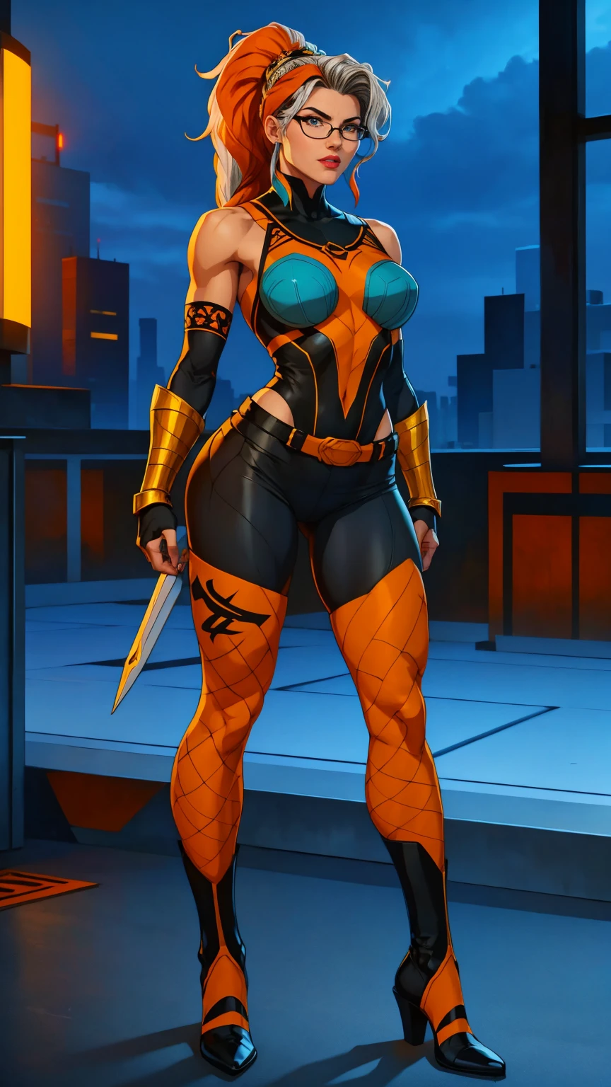 ((Full body photo, standing, feet on the floor)) (best quality,4k,8k,highres,fishnet pantyhose
, masterpiece:1.2),ultra-detailed,(realistic,photorealistic,photo-realistic:1.37),full body shot,Rogue,X-Men,yellow thigh high boots,beauty pose, standing tall, show feet, outside,fishnet pantyhose, city rooftop at night, green headband, with Ponytail, Light Blue Eyes, Round Glasses with a Slightly Dark Lens with this Lens being Orange, and the Light Blue Color frame, ((Black Metallic Gauntlets and Greaves with Orange and Silver Highlights)), (((The Clothes Have a Mix of Modern and Tribal))), (((The Clothes Have a Mix of Modern and Tribal))), having mostly the color black, but having parts in orange, shoulders exposed, at the hip a shorts that extend to half of the thigh of black color.