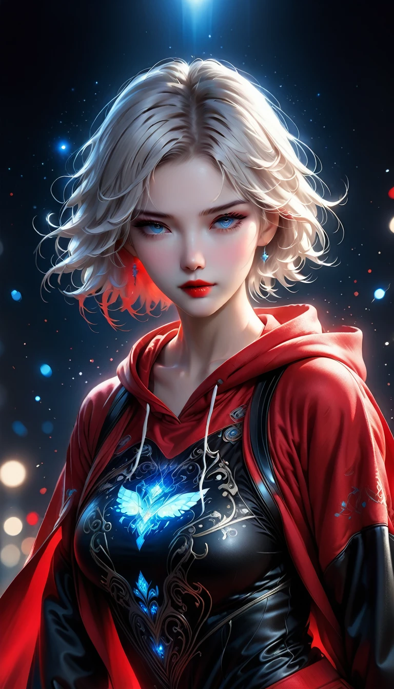Ashhad style,Extremely detailed,high resolution,Intricate details,(best quality:1.2),(masterpiece:1.2),Extremely detailed CG unity 8k wallpaper,illustration,The original, Delicate face, 1 Girl,White short hair, blue eyes, Mature:1.2, Long red and black fabric hoodie , Black leggings, Red Hood:1.2, Red lips, Red makeup, White running shoes, White background