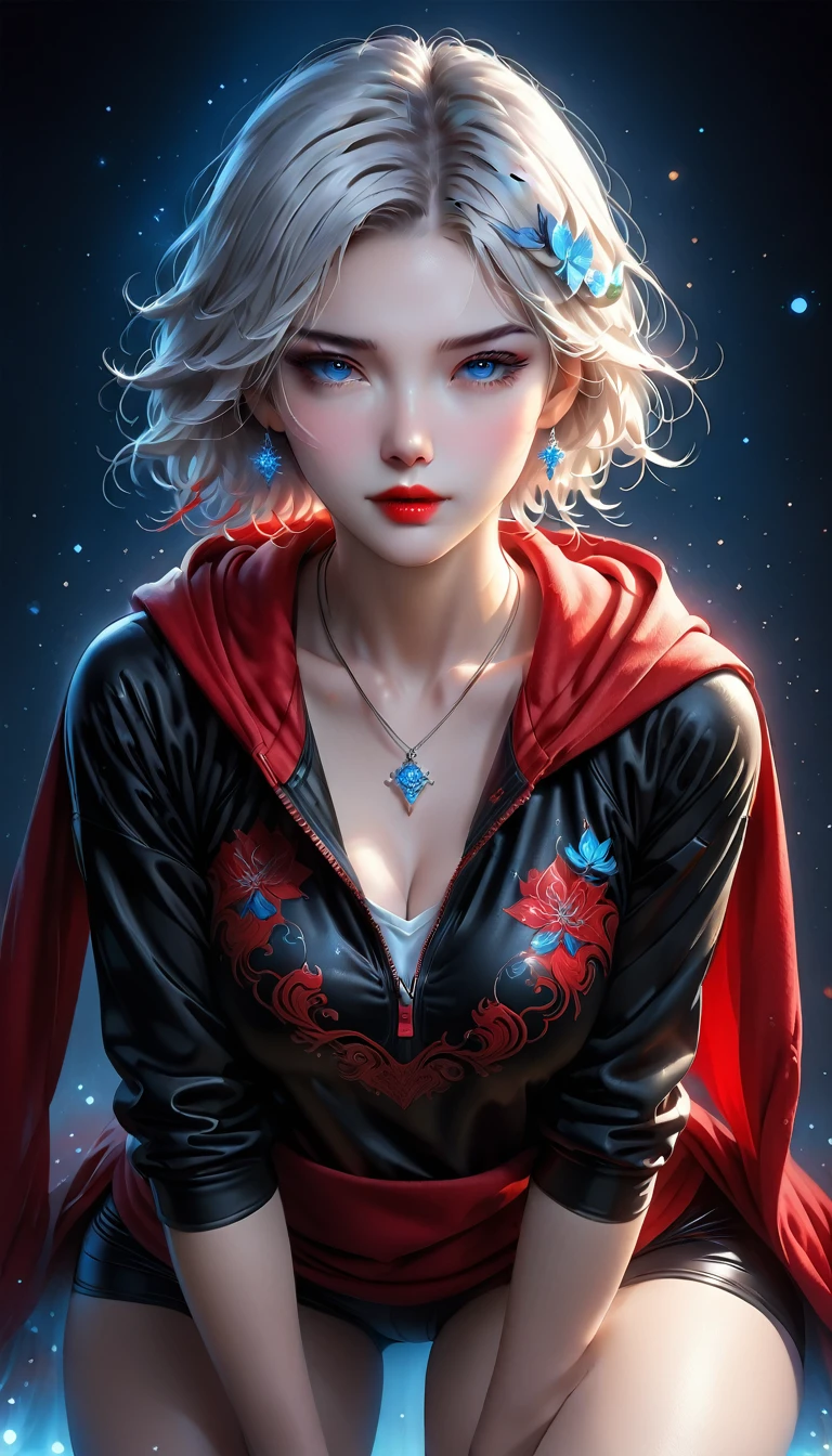 Ashhad style,Extremely detailed,high resolution,Intricate details,(best quality:1.2),(masterpiece:1.2),Extremely detailed CG unity 8k wallpaper,illustration,The original, Delicate face, 1 Girl,White short hair, blue eyes, Mature:1.2, Long red and black fabric hoodie , Black leggings, Red Hood:1.2, Red lips, Red makeup, White running shoes, White background