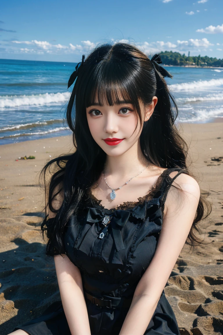 best quality, tmasterpiece,Ultra-high resolution,Clear face,(Reality:1.4),ferpect lighting,(full body), (photorealistic:1.50), anime wallpaper, Guviz style artwork, cover-up fantasy up to magic , by Yang J, Guviz, beautiful artwork illustration, beautiful digital artwork, beautiful digital illustration, Li Song, beautiful anime portrait, art style in Beauvot,1girl, 独奏, bangs, long hair,twintails, hair ribbon, jirai kei attire, jirai kei, black thighhighs, high heels, jewelry, collarbone, earrings,smile, necklace, standing, (big breasts:1.5), (shagging breasts) Naughty, sexy poses, (From the front:1.3), On the beach, Beach sand, waves, (Beach:1.5),basking under the sun,