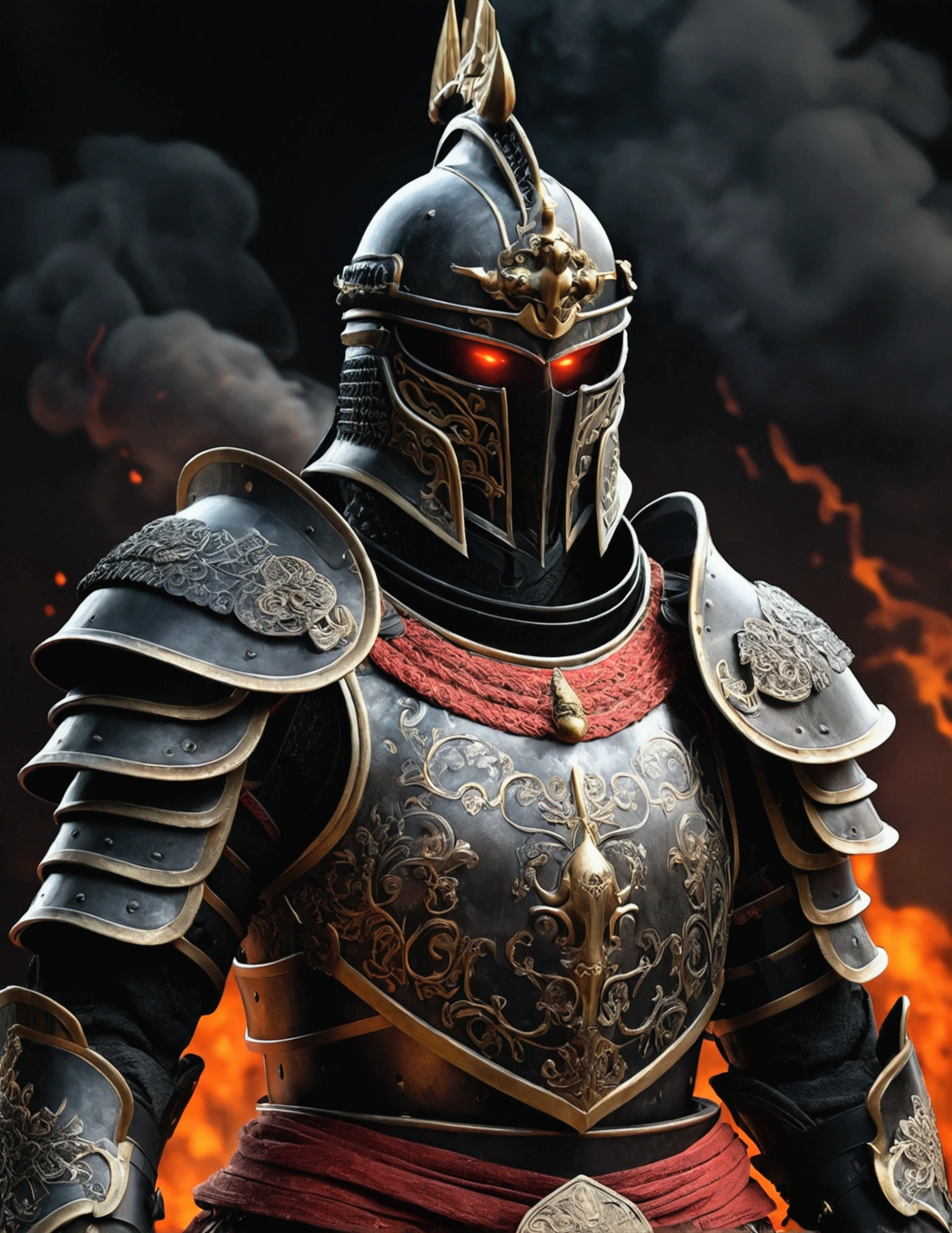 a suit of armor, Detailed bushido form smoke, helmet of a forgotten deity, character is standing, 8k Realistic, in game render, detailed face background detail, Art station front page, taur, medieval fantasy, detailed black armor, black spikes armor, black etched armor, black obsidian armor, dark magic armor, A demonic warrior, Intricate assasin armor, Intricate metal armor, powerful warrior, The helmet has a large crown,Glowing red eyes, Everything is in the dark, The smoky background hints at the battle scene, Battlefield, death, fire and smoke background, Add an ominous aura to his character,submission, Full body shot.