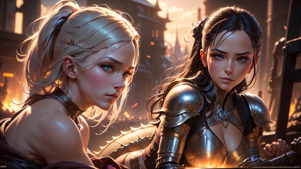 Sexy ,fantasy girl with sword and armor, riding a dragon, magic, big puppy eyes, glowing, full portrait, by charlie bowater and artgerm, Tyler Edlin, fantasy art, cinematic lighting, intricate, elegant, polished, detailed, high definition, hyper-detailed, sharp focus, octane render, fractal watercolor, digital painting , hyperrealistic, well rendered Artstation, by Bob Byerley, by David Mann ,by Karol Bak, Fine Art, Ray Traced, Insanely Detailed and Intricate, Hyper maximalist, Elegant, Ornate, Hyper Realistic, Super Detailed