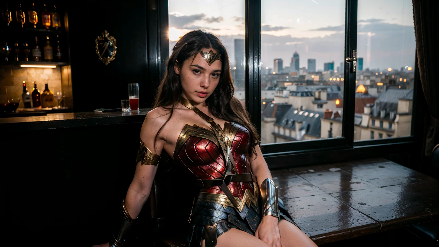 ((masterpiece), (solo character), (photorealistic:1.4), ),(best quality), (epiCRealLife), (g4lg), (g4lg show abs), (g4lg show cleavages), (Gal Godot in wonder woman costume), (lora:epiCFlashPhoto),(flashphoto), (flash photography) (look at viewers), (Paris bar), (Paris city views), (window), (night time), (pose for picture), (sitting at the bar stool),