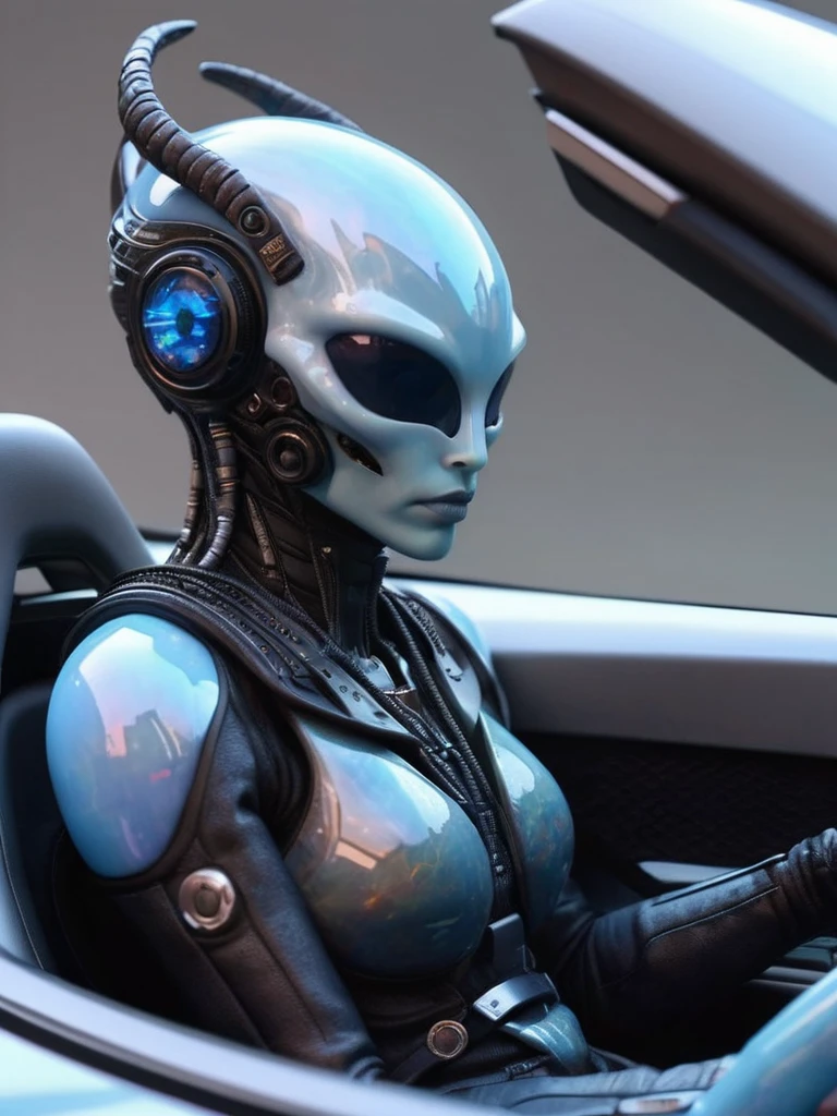 ral-opal, meahophontron, alien, with cyberpunk armor, (driving a super sports car) blue colors, black, gray with soft tones