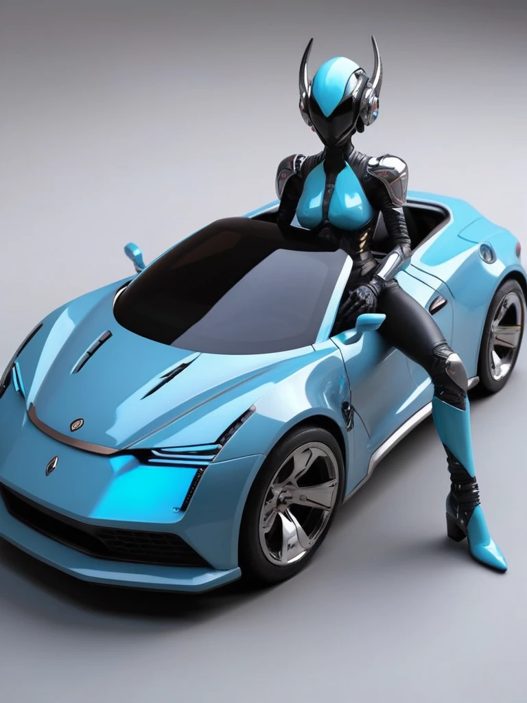ral-opal, meahophontron, alien demon, with cyberpunk armor, (posing for the camera in a super sports car) blue colors, black, gray with soft tones, background image: (driving through the sea)