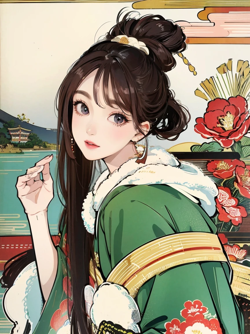 (Highest quality、 8k 、masterpiece、High resolution)、(whole body)、Vibrant colors、Brown-black bob、Traditional topknot、Ample breasts、(Highly detailed face and eyes,Beautiful Face,Beautiful Eyes,Beautiful nose,Pretty lips)、Official Art、Ukiyo-e style、 (Beautiful woman in kimono)、(Vivid floral patterned kimono)、background、river、bridge、Mountain、wood、Starry Sky、moon、plum、Lantern、