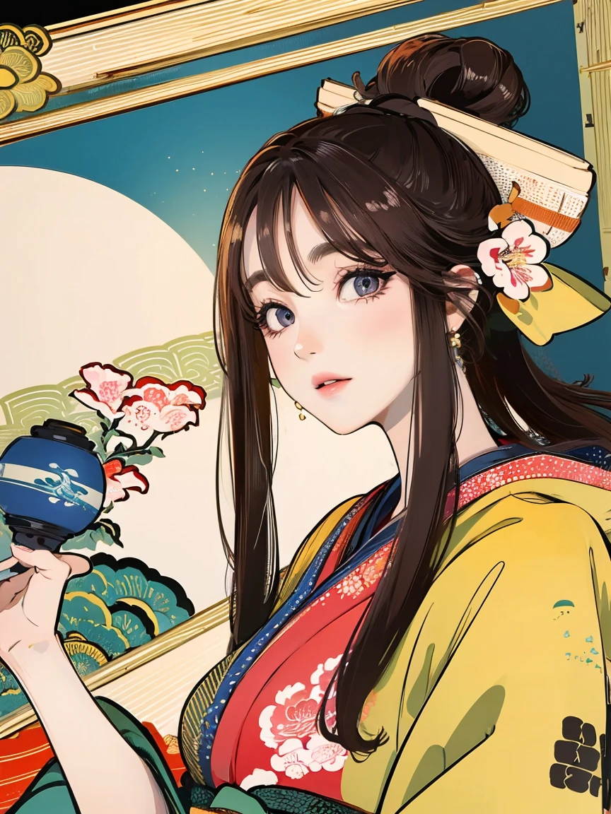 (Highest quality、 8k 、masterpiece、High resolution)、(whole body)、Vibrant colors、Brown-black bob、Traditional topknot、Ample breasts、(Highly detailed face and eyes,Beautiful Face,Beautiful Eyes,Beautiful nose,Pretty lips)、Official Art、Ukiyo-e style、 (Beautiful woman in kimono)、(Vivid floral patterned kimono)、background、river、bridge、Mountain、wood、Starry Sky、moon、plum、Lantern、