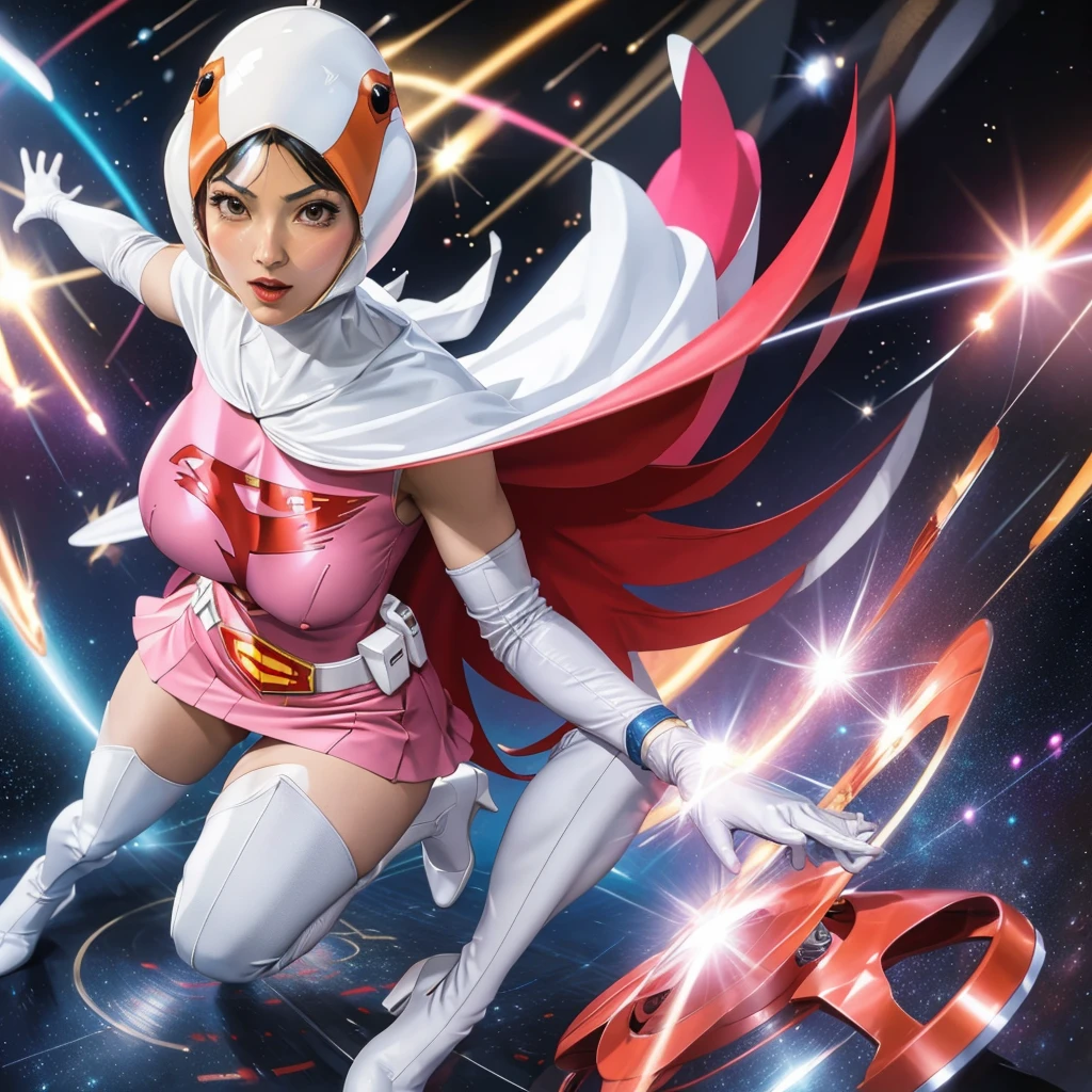 ANI_CLASSIC_jun_gatchaman_ownwaifu,1girl, **yo,good anatomy, masterpiece, best quality,realistic, hyper realistic, 16k hdr, long hair,breasts,lips,large breasts,lipstick,makeup,gloves,cape,helmet,belt,elbow gloves,white gloves,mask,ultra miniskirt,leotard,spacesuit,white tight overknee highheels boots,pink dress,superhero,bodysuit,cleavage,erected nipples,(fighting poses),cameltoe